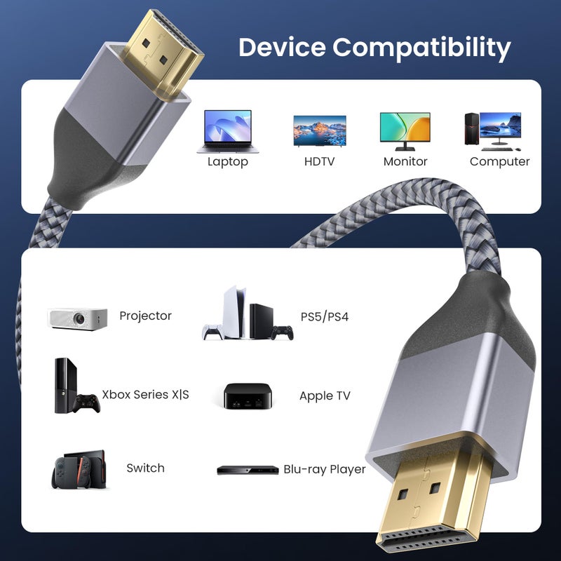 Basesailor 8K HDMI Cable 6.6FT/2M 2Pack,HDMI 2.1 Cables 48Gbps Ultra High Speed Braided Cord Support 8K@60Hz,4K@120Hz for PS5,Xbox Series X/S,Roku,TV,Laptop,Monitor,eARC HDR HDCP 2.2 2.3 - Image 3